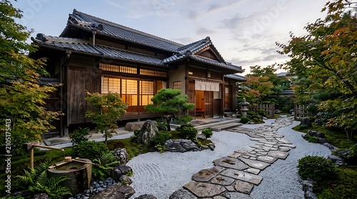 Traditional wooden cabin with stone pathway and garden.