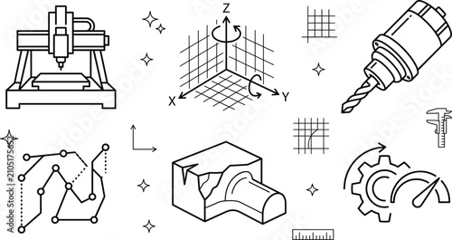 Tableau sur toile CNC router machine line art icon set with 3d axis spindle toolpath gear caliper