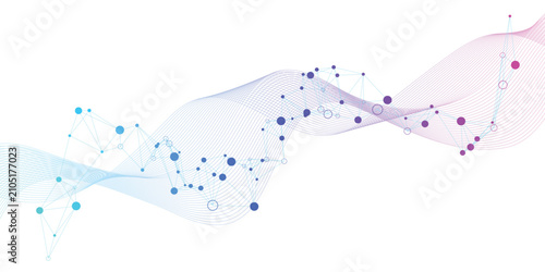 Schilderij op canvas Abstract background vector with flowing wave lines and connected dots network, b