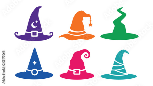 Premium Minimal Witch Hat Icon Set – Flat Halloween Magic Wizard Hat Vector Collection