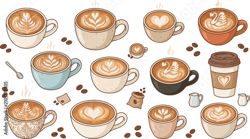 Fotografie Coffee Cup Vector Collection with Detailed Latte Art Foam Designs Swan Heart Ros