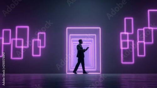 Businessman silhouette walking through glowing neon portal frames in a futuristic space, symbolizing digital transformation, innovation, opportunity, leadership, and the journey into the future.