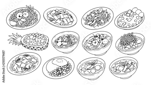 Thai food line art vector set featuring popular dishes, including noodles, fried rice, curries, soups, shrimp, herbs and chili, isolated on white for menus, packaging, posters and culinary designs.