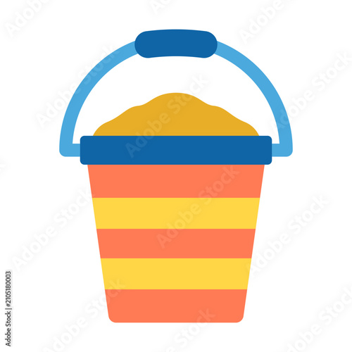 Bright Striped Beach Bucket Filled With Sand.