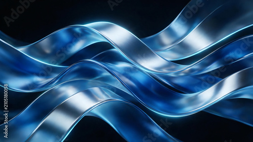 Luxury abstract 3D background featuring flowing blue glass and silver metallic ribbons with glossy reflections on a dark background. Futuristic premium technology wallpaper with elegant minimalist des