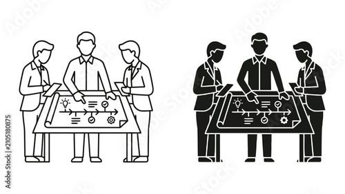 Professional business team analyzing strategic project roadmap on table