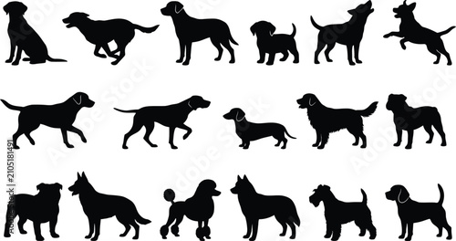 Obraz na płótnie Assorted black dog silhouettes showcasing various breeds in dynamic and resting