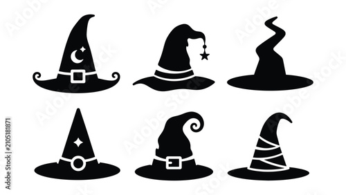 Premium Minimal Witch Hat Icon Set – Black Halloween Wizard Hat Flat Vector Collection
