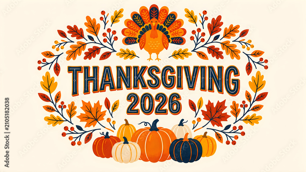 Fototapeta premium Thanksgiving 2026 greeting banner with colorful turkey illustration surrounded by vibrant autumn leaves berries and pumpkin harvest arrangement on light neutral cream background space.