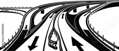 Принти на полотні Complex highway interchange silhouette vector with elevated overpass roads mergi