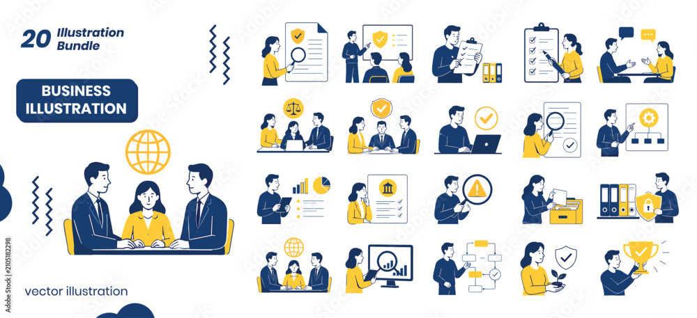 Fototapeta premium Business meeting with team collaboration and global connection in flat design style