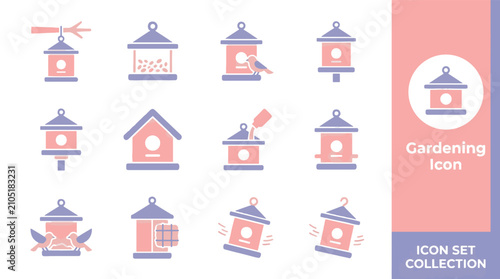 Foto Flat vector icon set of garden bird feeders in teal orange pastel pink white arranged in 4x3 grid with central feeder focus