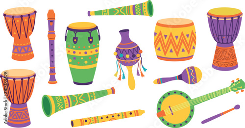 Obraz na płótnie Traditional Ethnic Musical Instruments Vector Icon Set with Djembe Conga Drums B