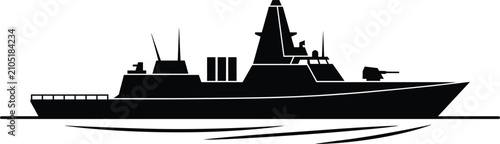 Schilderij op canvas Modern military naval destroyer warship black silhouette vector illustration on