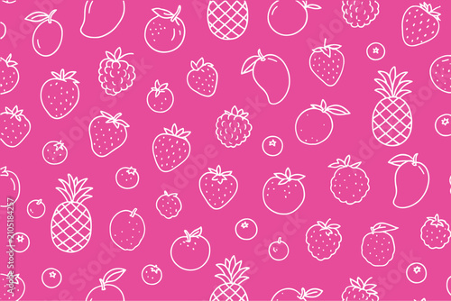 Seamless tropical fruit pattern outline on pink background