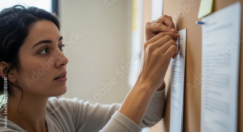 Woman placing paper on board in office workspace. Engaged woman hangs printed document on bulletin board with focused expression.