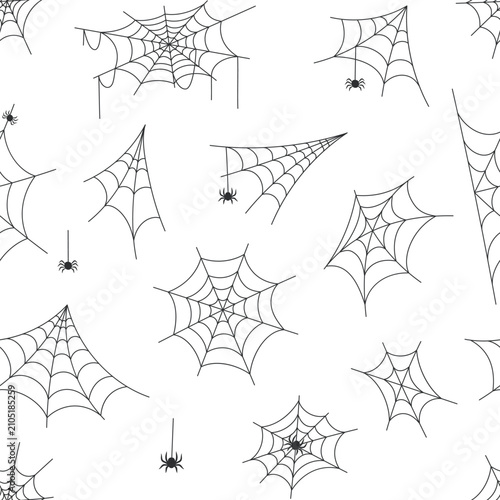 Halloween seamless pattern with black spider web and hanging spider on white background. Cobweb repeat texture with various corner and triangular web shapes. Flat vector illustration