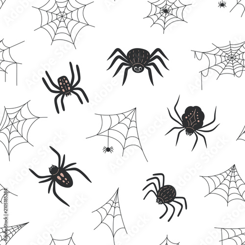 Halloween seamless pattern with black cartoon spider and cobweb on white background. Creepy arachnid and spiderweb repeat texture with hanging and crawling spider. Flat vector illustration
