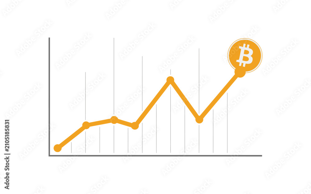 Obraz premium Bitcoin price trend vector, ascending financial graph reaching a golden cryptocurrency coin, symbolizing digital asset appreciation, blockchain investment and market performance.