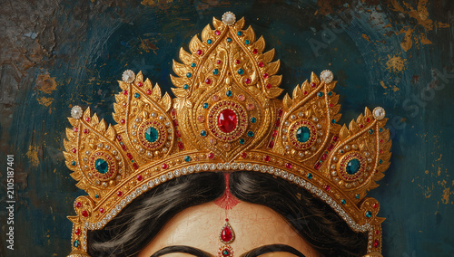 Close-up of ornate golden goddess crown with jewels and traditional ornamentation religion tradition festival adornment mythology spiritual ceremony traditional headdress forehead heritage