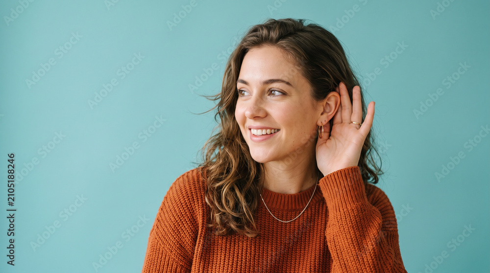 Fototapeta premium Young Smiling Woman Cupping Hand Behind Ear Listening Intently to Secret Isolated on Blue