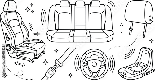 Photos Car seat and interior cabin comfort line art vector set with front passenger cha