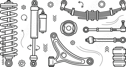 Canvastavla Car suspension and shock absorber system line art vector set with leaf spring co