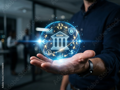 Professional businessman holding glowing digital bank sphere representing modern financial technology solutions for corporate banking services with holographic sphere with modern office environment