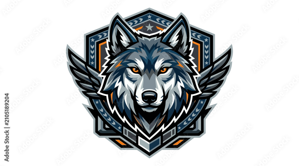 Obraz premium Powerful Wolf Mascot Esports Logo Design with Wings and Geometric Hexagonal Shield Frame