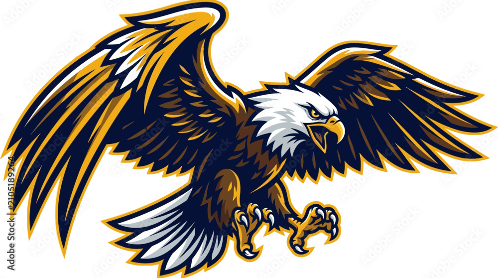 Fototapeta premium Powerful bald eagle mascot illustration with spread wings and sharp talons for sports logo design