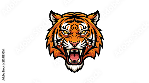 Fotografie Fierce orange tiger mascot head with roaring mouth and fangs on white background
