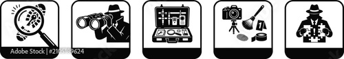 Detective binoculars and magnifying glass silhouette vector icon set, spy tools

