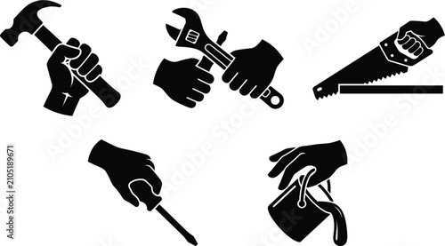 Home renovation and construction hand tools icon set vector illustration featuring hands holding hammer, adjustable wrench, handsaw, screwdriver, and pouring paint bucke