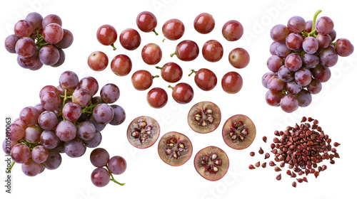 Obraz na płótnie Red grapes cluster scattered berries sliced fruits, and seeds