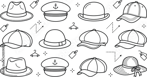 Cuadro en lienzo Collection of minimalist headwear line art icons including baseball caps baker b