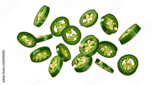 Green jalapeño pepper slices scattered