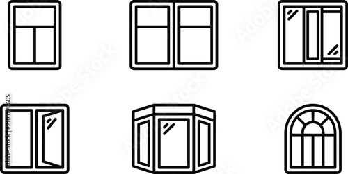 Bild auf Leinwand Modern Window Vector Icon Set with Single Double Sliding Open Casement Bay and A