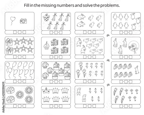 Kids Math Activity Worksheet with Nature Illustrations. Printable educational worksheet for toddlers, preschool, and kindergarten children.