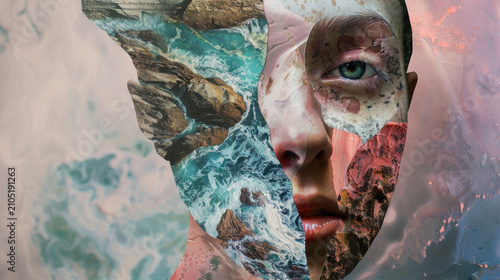 Creative double exposure human face portrait background with landscapes and cracked texture with fluid paint art overlay