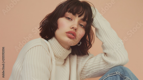 Elegant woman with short dark hair in cream turtleneck sweater on soft beige background