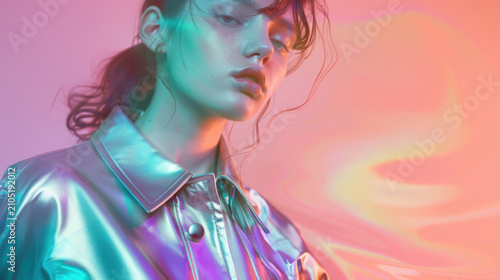 Female fashion model portrait with rainbow prism holographic light effects background creating motion blur and dreamy atmosphere