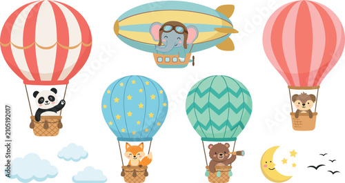 Canvas Print Cute baby animals flying hot air balloons and airship vector character set for n