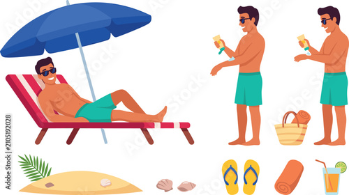 Photos Summer beach vacation character vector set with man sunbathing under umbrella ap