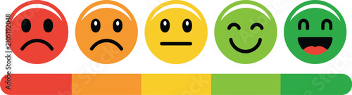 Foto Feedback rating vector set, satisfaction level, customer review, emoji faces and user experience icons for quality assessment, surveys and business analytics