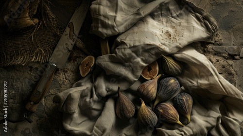 Rustic still life food composition with fresh figs, knife and linen cloth on wooden background