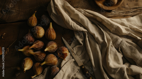 Rustic still life food composition with fresh figs, knife and linen cloth on wooden background