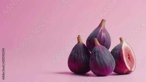Fresh purple figs on pink background with cut open showing seeds and  free copy space for text