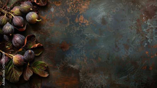 Fresh purple figs with water droplets on textured dark background with free place for text