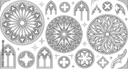 Tableau sur toile Gothic architecture cathedral rose window line art vector set with cathedral arc