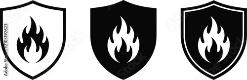 Foto Fire protection shield icon, safety symbol featuring flame inside protective shield for fire prevention, emergency preparedness and workplace security concepts